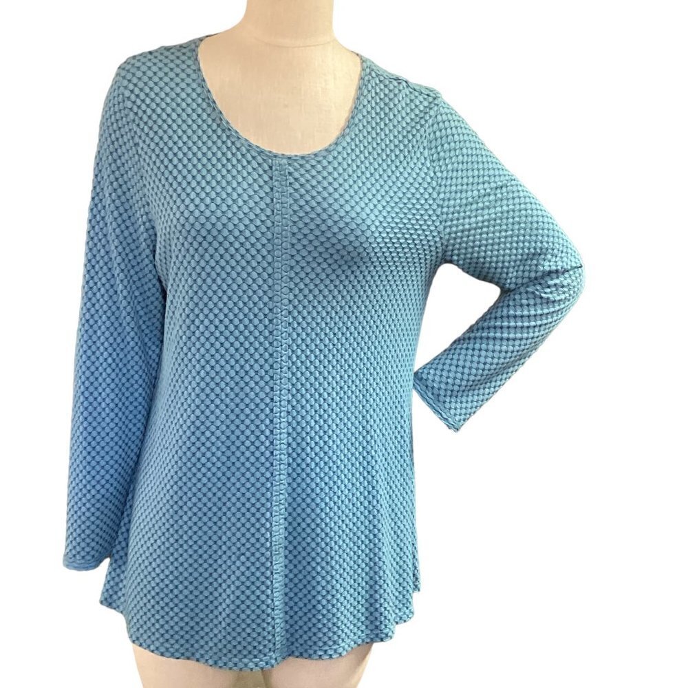 HabitaT Mosaic Blue Textured Swing Lagenlook Tunic Top Sz L 123J